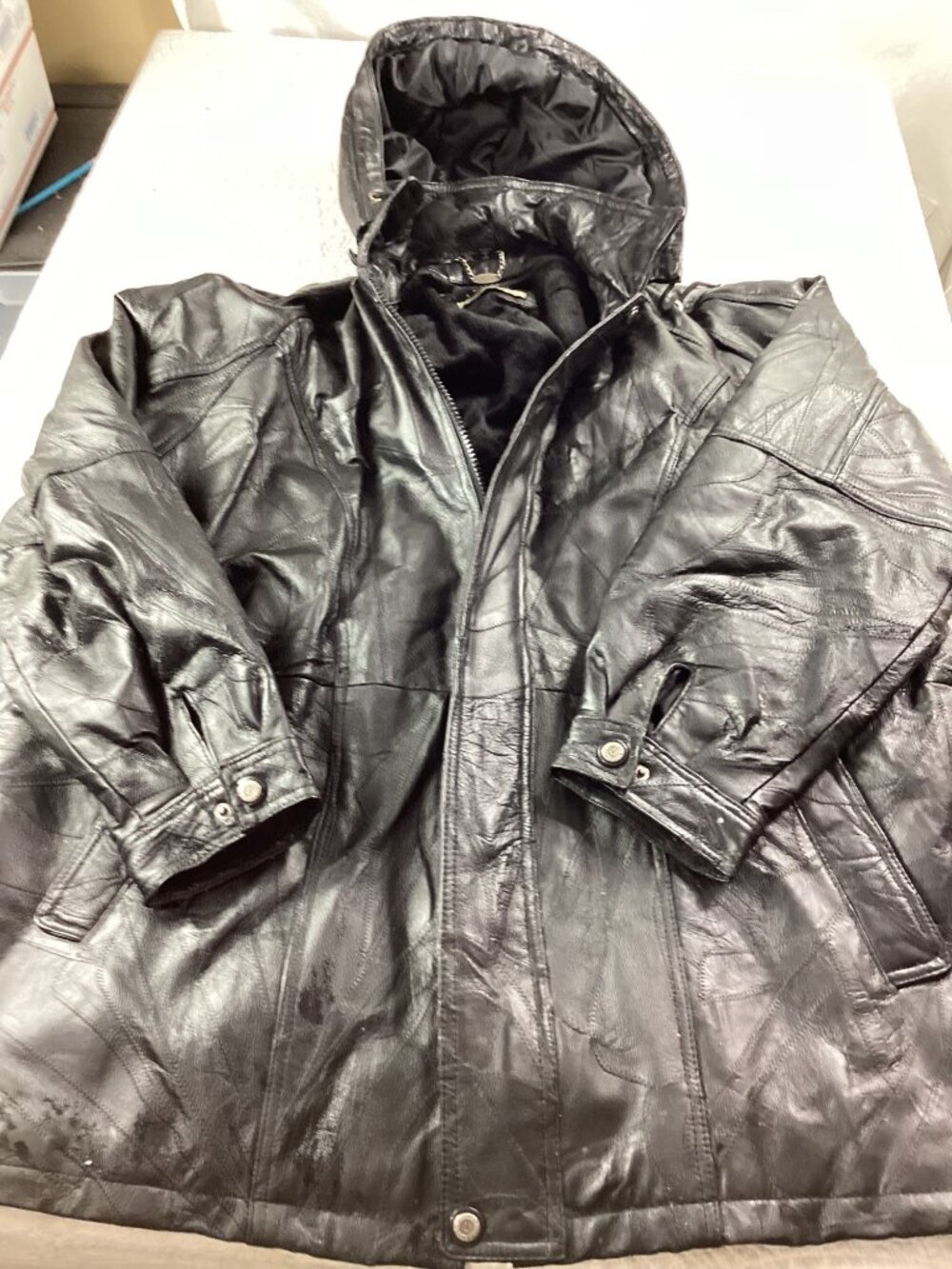 Legacy Hooded Black Leather Biker Jacket With Faux Fur Lining & Zipper Front*3X